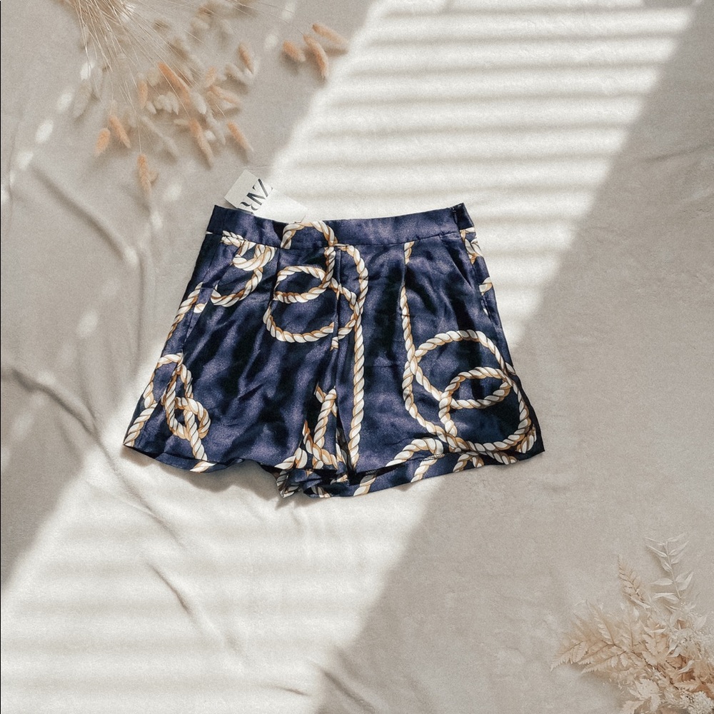 NWT Zara Knot Print Bermuda Blue Gold Shorts